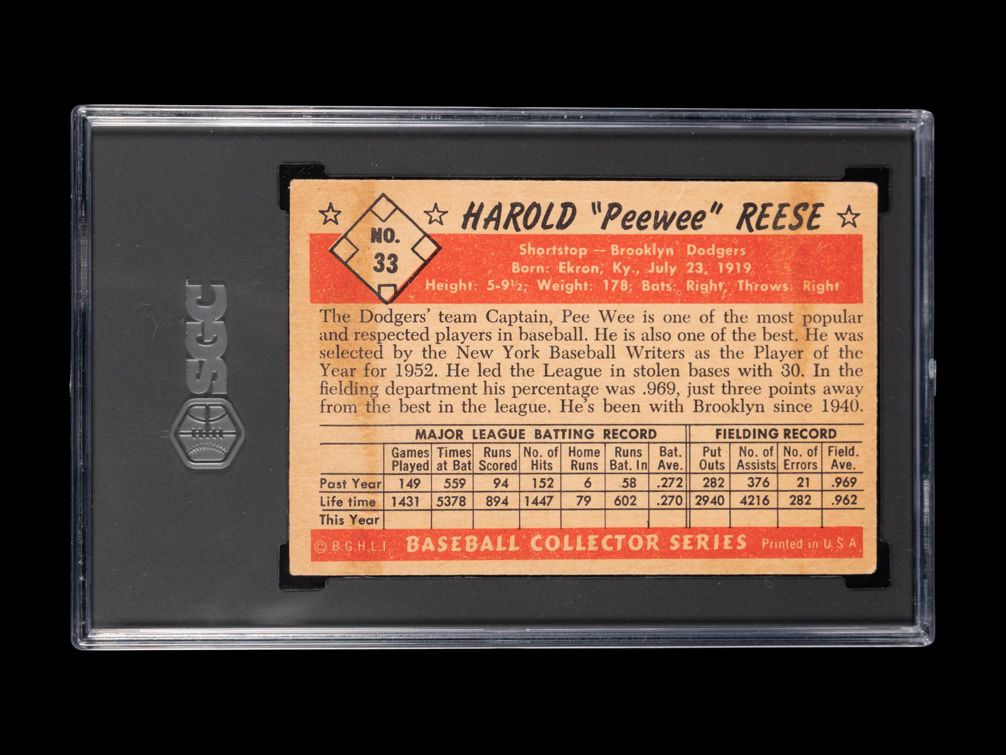 A 1953 Bowman Color Pee Wee Reese Baseball Card No. 33 (SGC 3 VG)