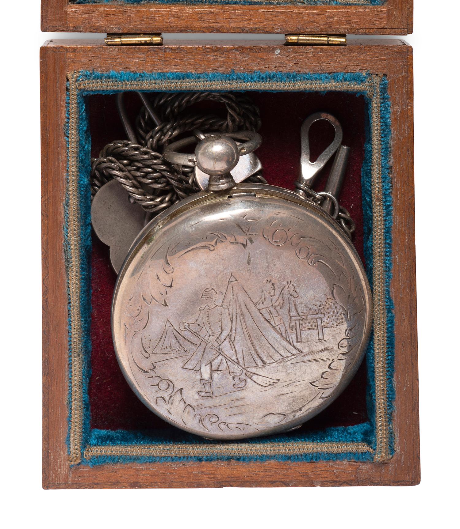 Silver patent lever pocket watch engraved with cavalry scenes.