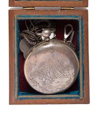 Silver patent lever pocket watch engraved with cavalry scenes.