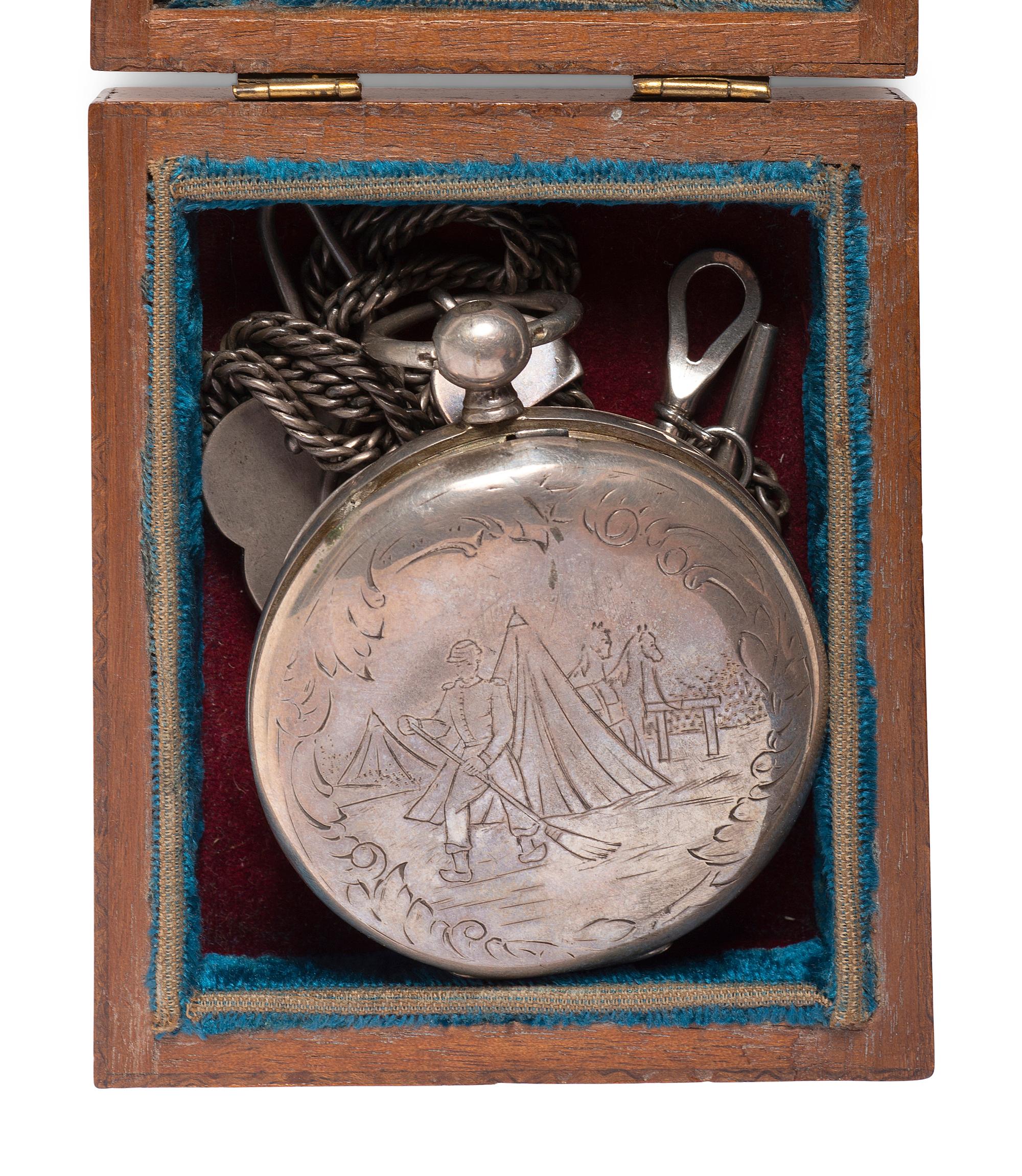 Silver patent lever pocket watch engraved with cavalry scenes.