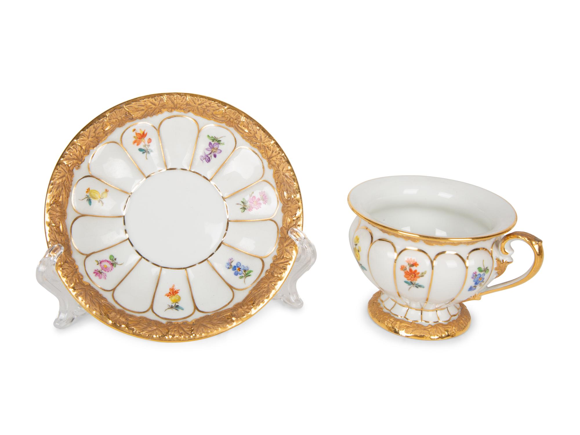 Ten Meissen and Style of Porcelain Teacups and Saucers — 19TH/20TH CENTURY