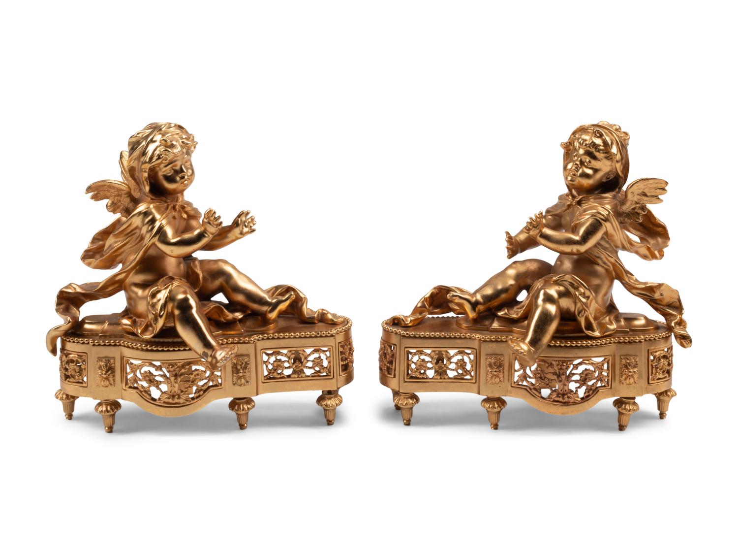 A Pair of French Gilt Bronze Figural Chenets