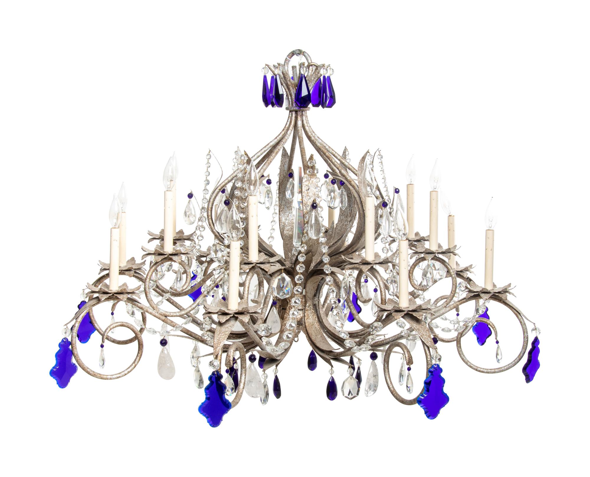 A Set of Three Large Metal and Glass Sixteen-Light Chandeliers