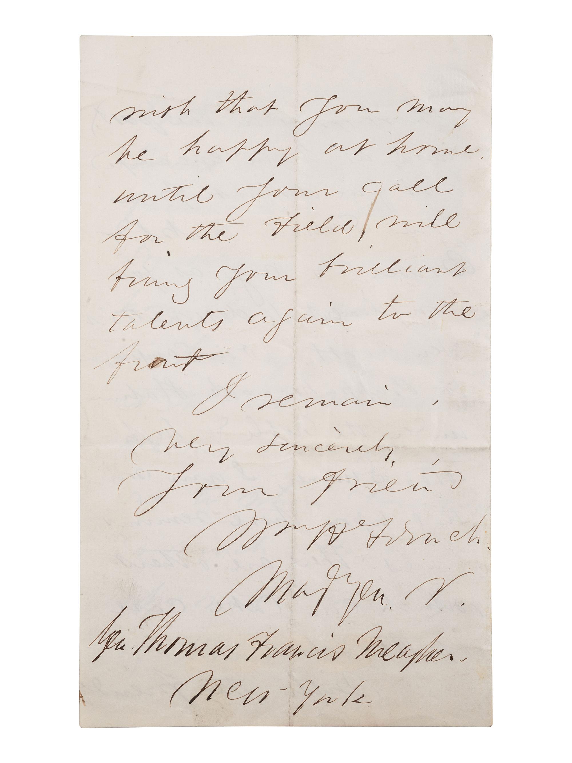 [CIVIL WAR]. ALS to General Thomas Meagher. Headquarters Third Army Corps, 2 September 1863.