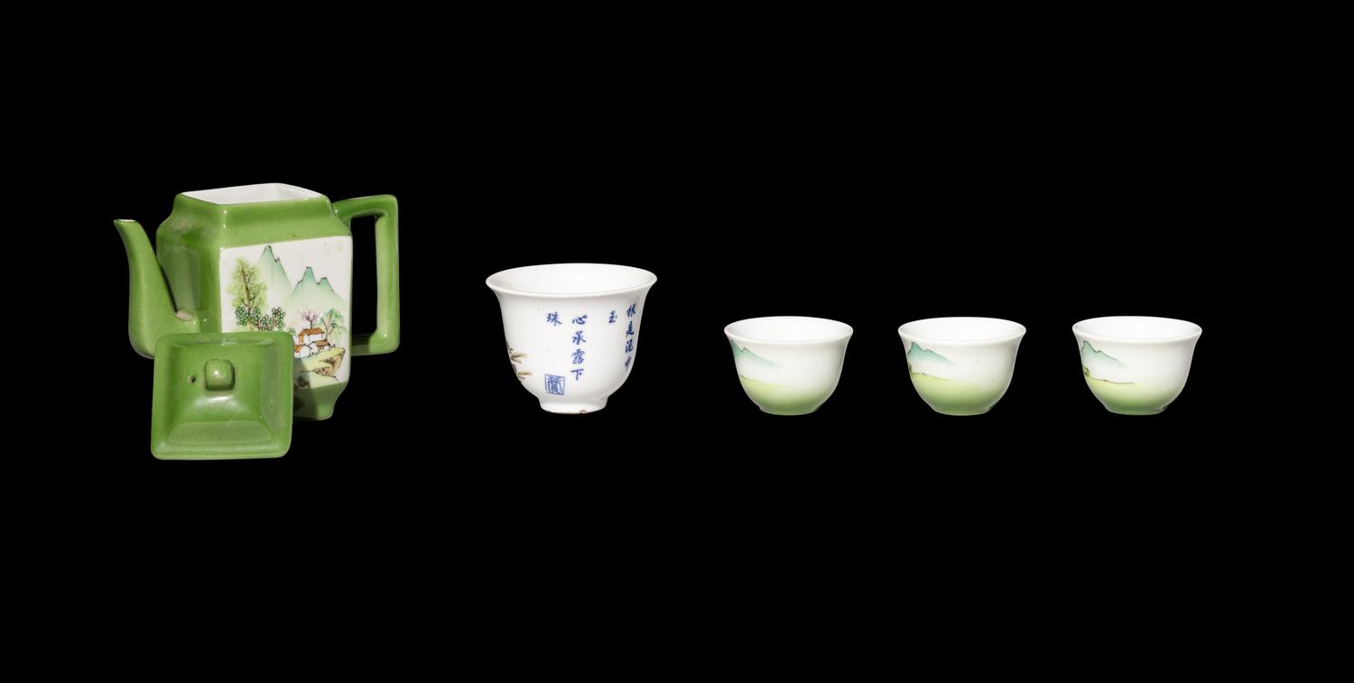 A Five-Piece Chinese Green Ground Famille Rose Porcelain Tea Set