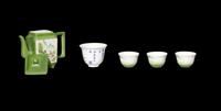 A Five-Piece Chinese Green Ground Famille Rose Porcelain Tea Set
