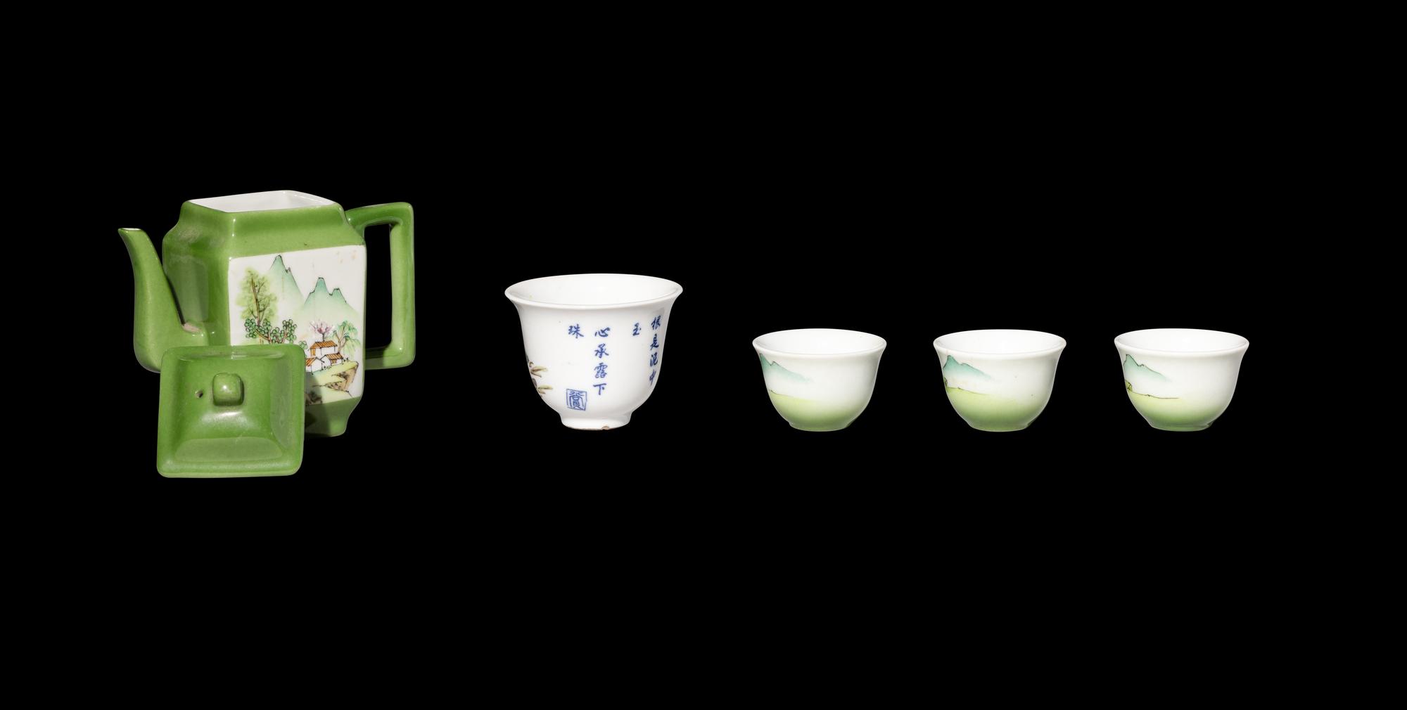 A Five-Piece Chinese Green Ground Famille Rose Porcelain Tea Set