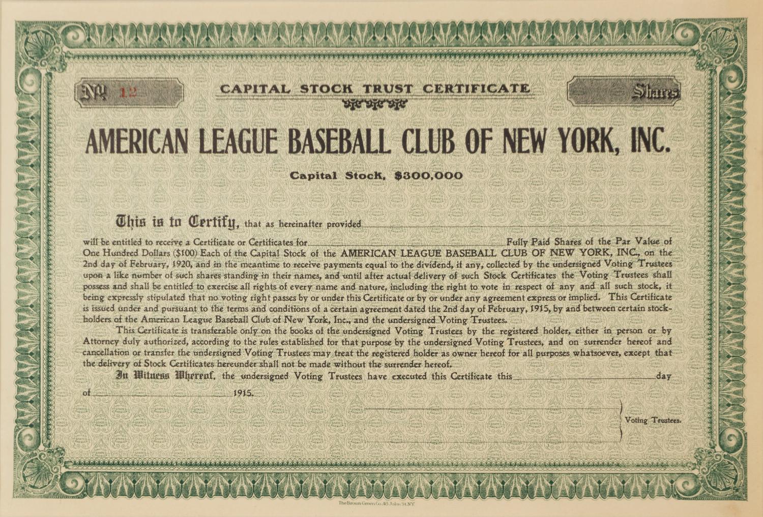 A 1915 New York Yankees Stock Certificate,