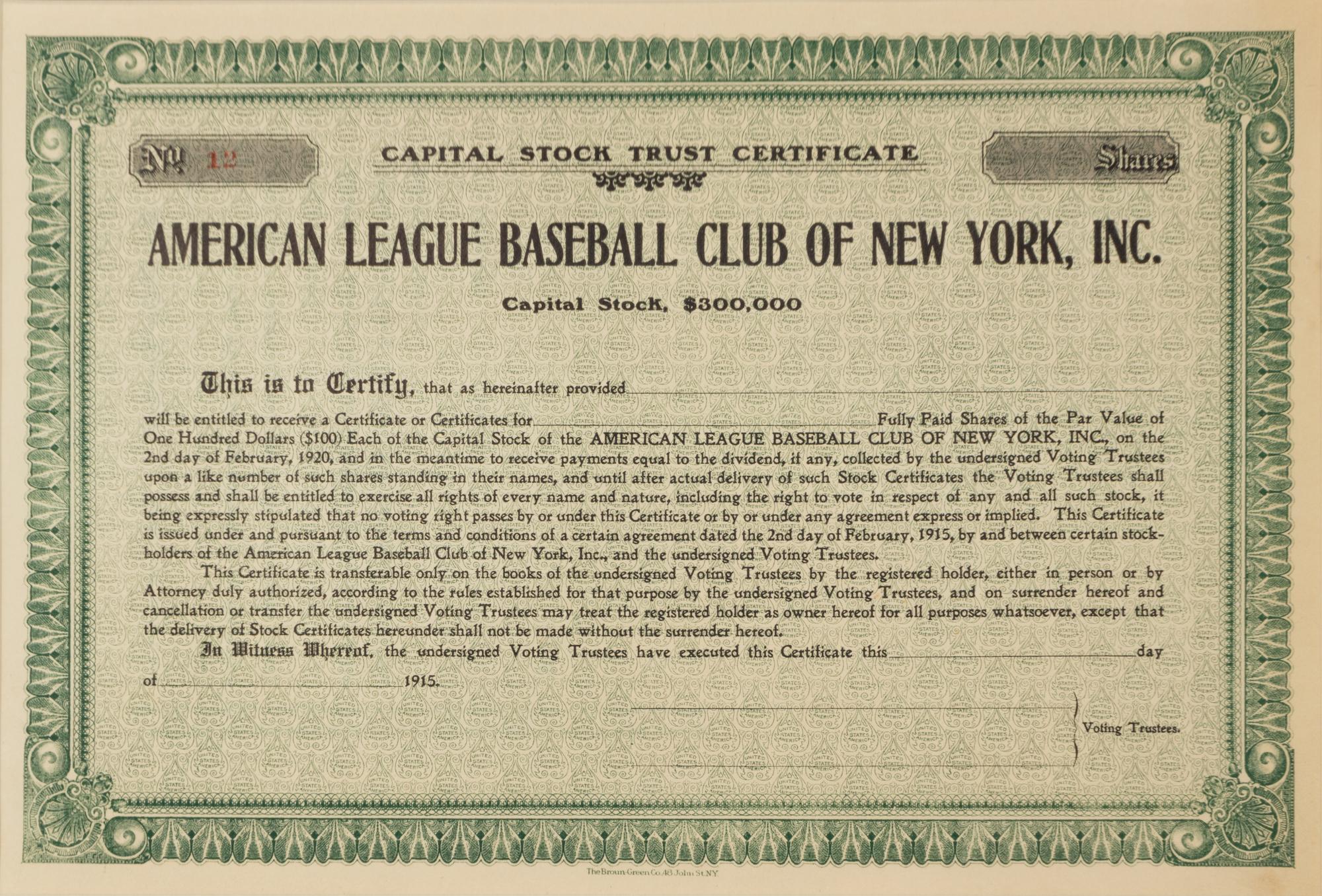 A 1915 New York Yankees Stock Certificate,