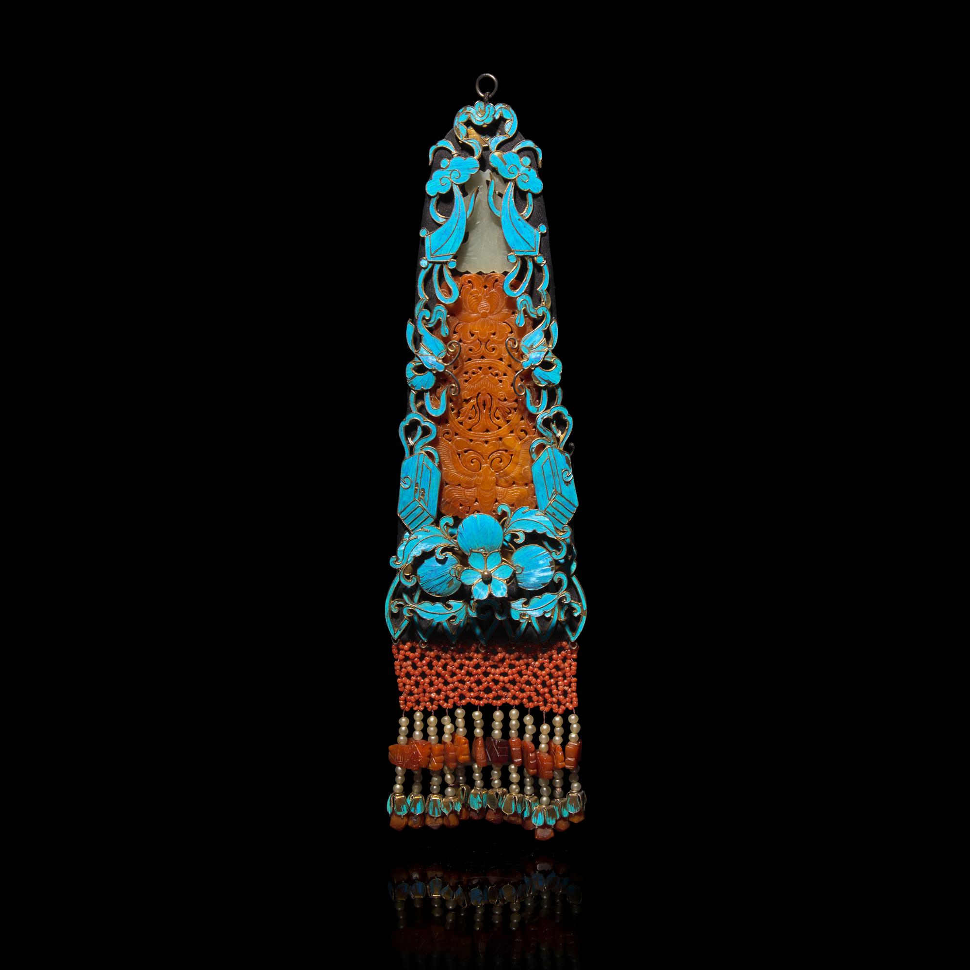 A Chinese Kingfisher Feather, 'Beeswax' Amber and Celadon Jade Ornament, Qing Dynasty — 清 點翠嵌玉蜜蠟珍珠珊瑚流蘇雲肩殘件