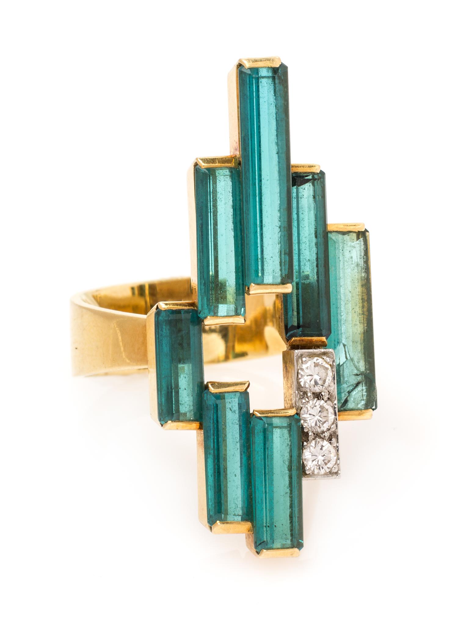 An 18 Karat Yellow Gold, Platinum, Green Tourmaline and Diamond Ring, Andrew Grima, Circa 1975, 10.30 dwts.