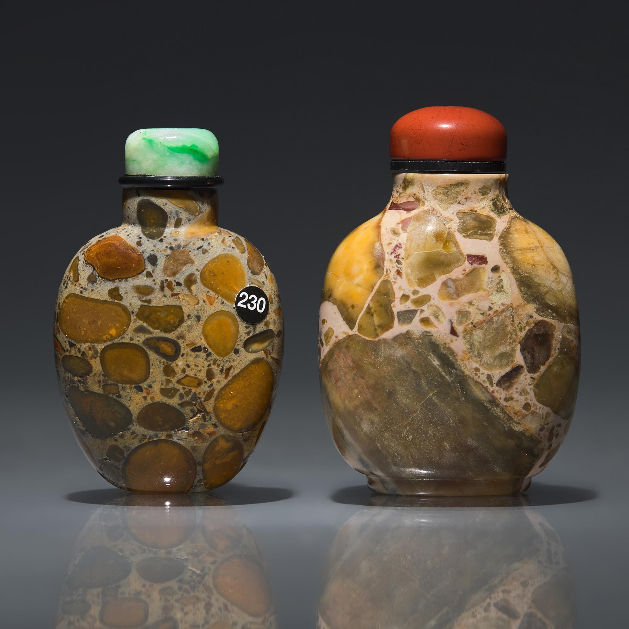 Two Chinese Puddingstone Snuff Bottles, Qing Dynasty, 18th-19th Century — 清中期 抱子石鼻煙壺兩支