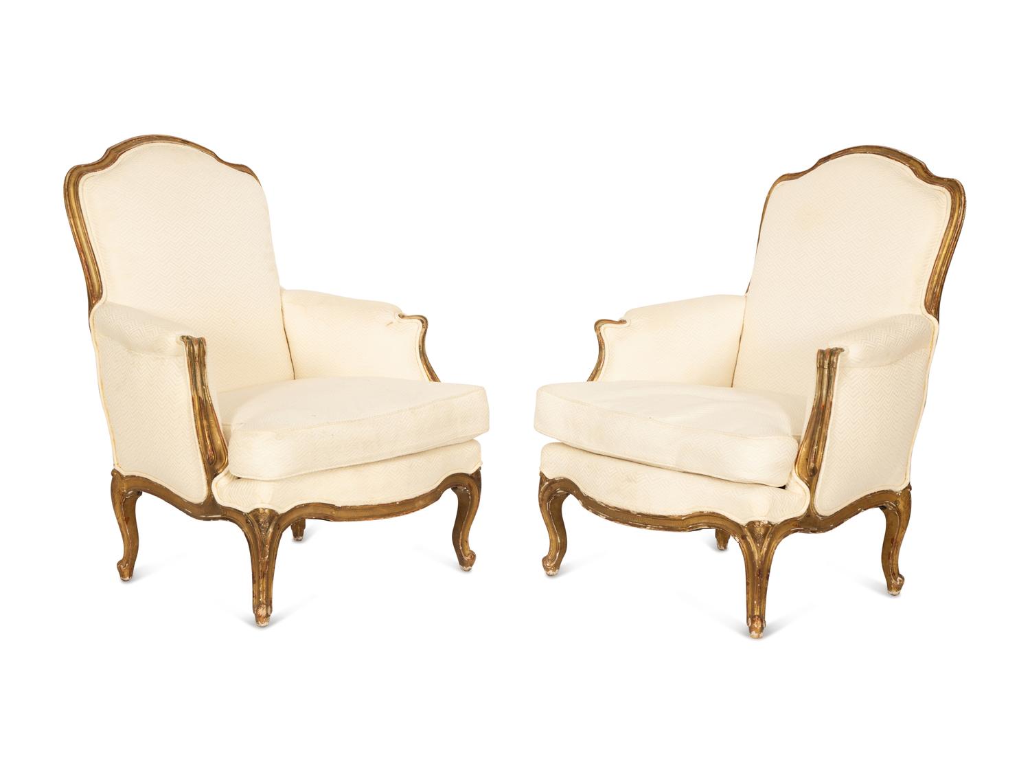 A Pair of Louis XV Style Giltwood Bergères