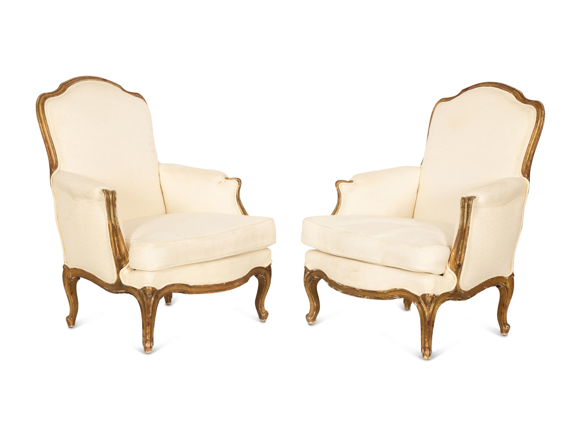 A Pair of Louis XV Style Giltwood Bergères