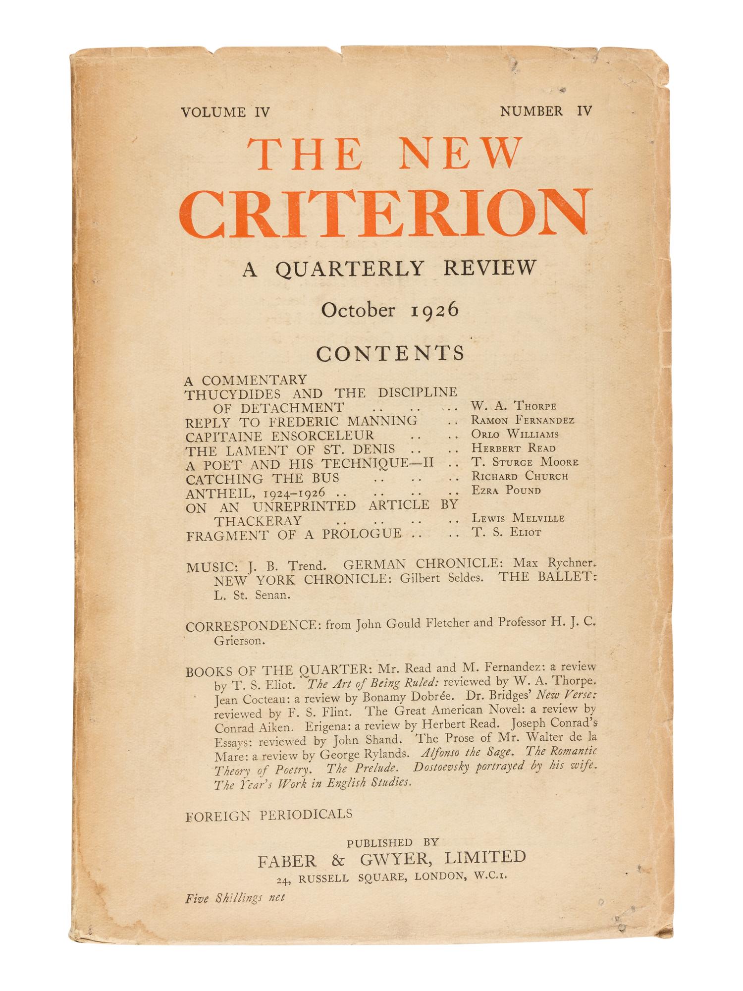 ELIOT, T.S., editor. The Criterion . London: R. Cobden Sanderson, Faber & Gwyer et al. October 1922-January 1939.