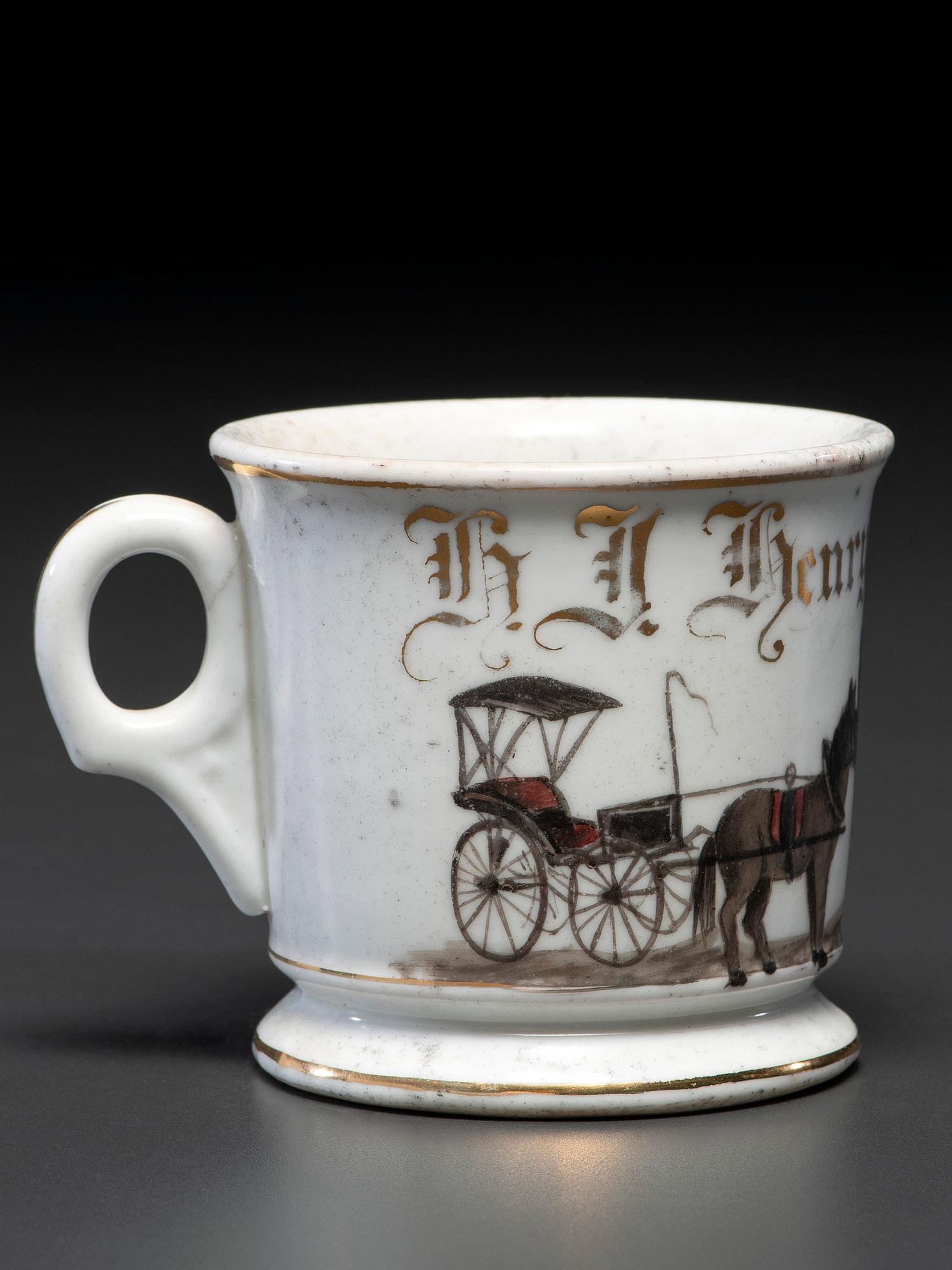 An Unusual Porcelain Occupational Shaving Mug Depicting a One-Legged Man