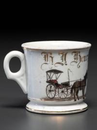 An Unusual Porcelain Occupational Shaving Mug Depicting a One-Legged Man
