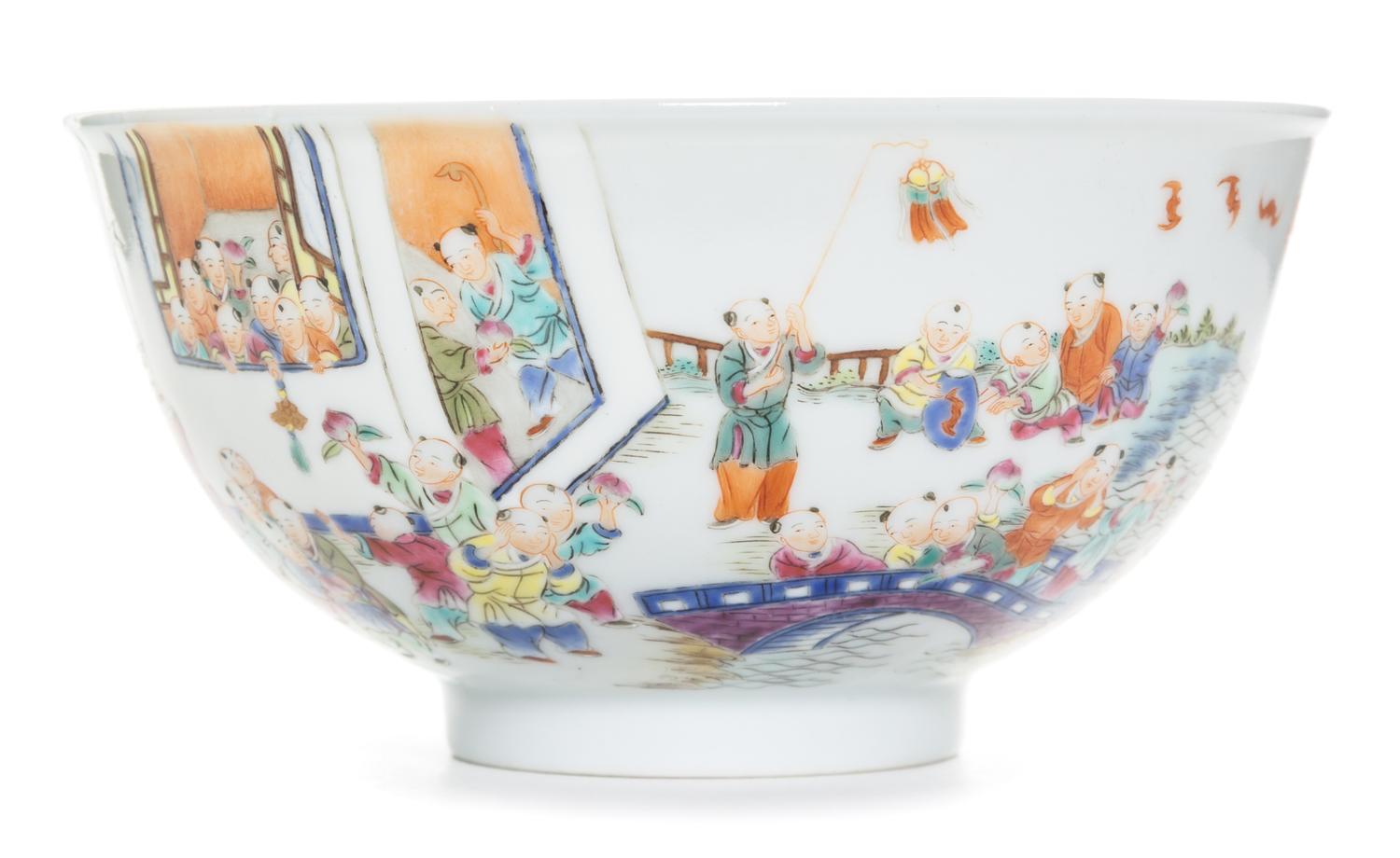A Famille Rose Porcelain "Hundred Boys" Bowl Diameter 4 5/8 inches.