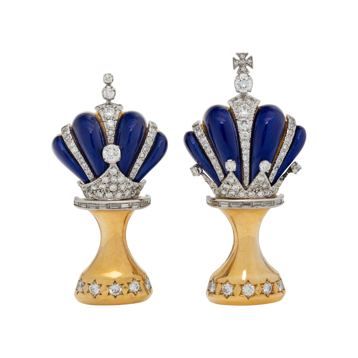 SPAULDING & CO., A PAIR OF DIAMOND AND BLUE ENAMEL CHESS PIECE BROOCHES