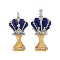 SPAULDING & CO., A PAIR OF DIAMOND AND BLUE ENAMEL CHESS PIECE BROOCHES
