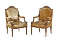 A Pair of Louis XVI Carved Giltwood Fauteuils