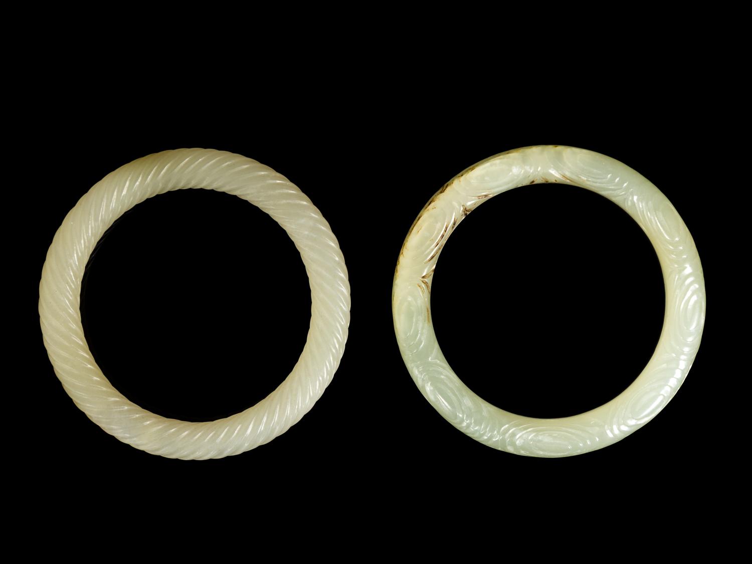 Two Chinese Celadon Jade Carved Bangles