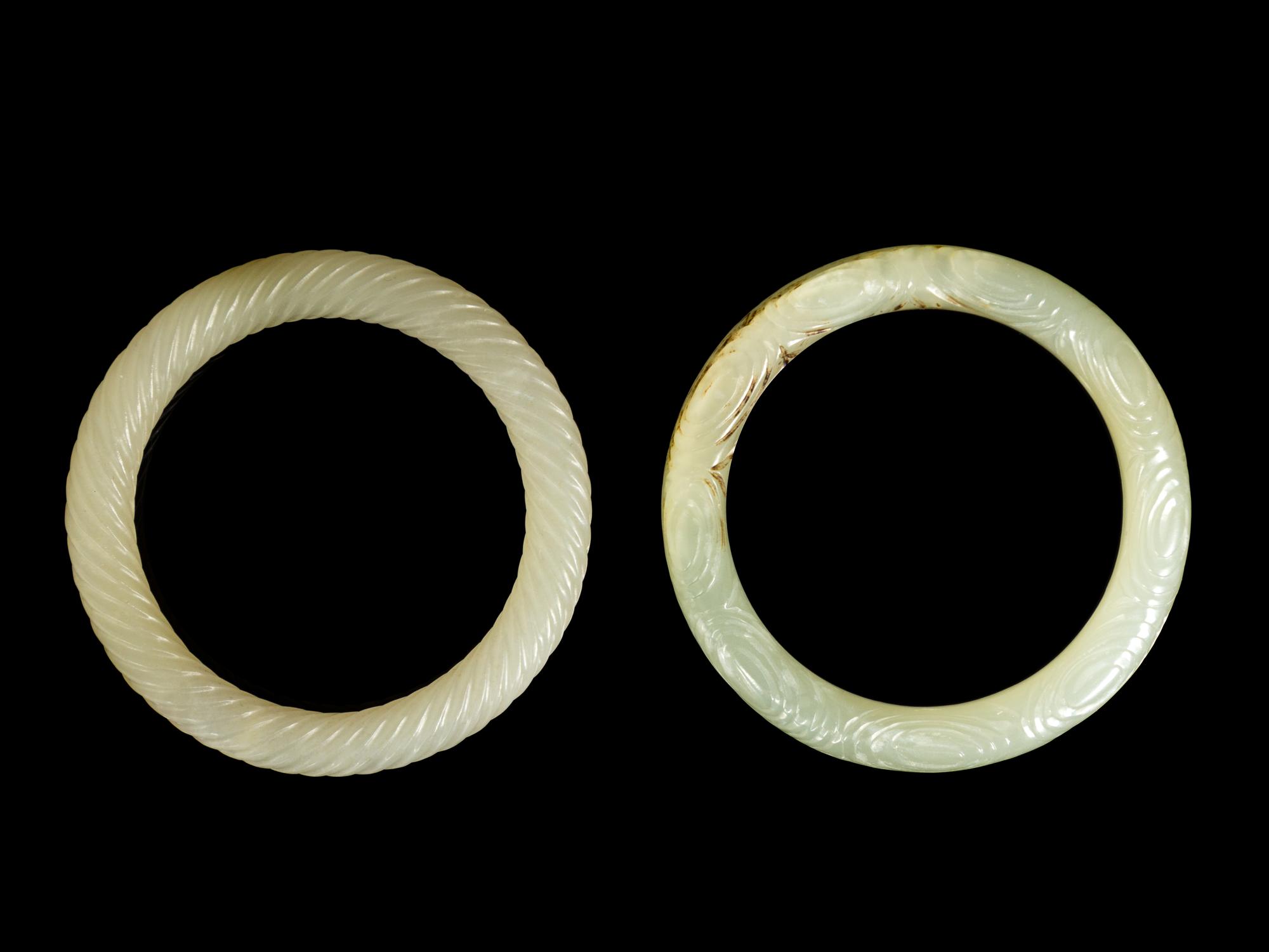 Two Chinese Celadon Jade Carved Bangles