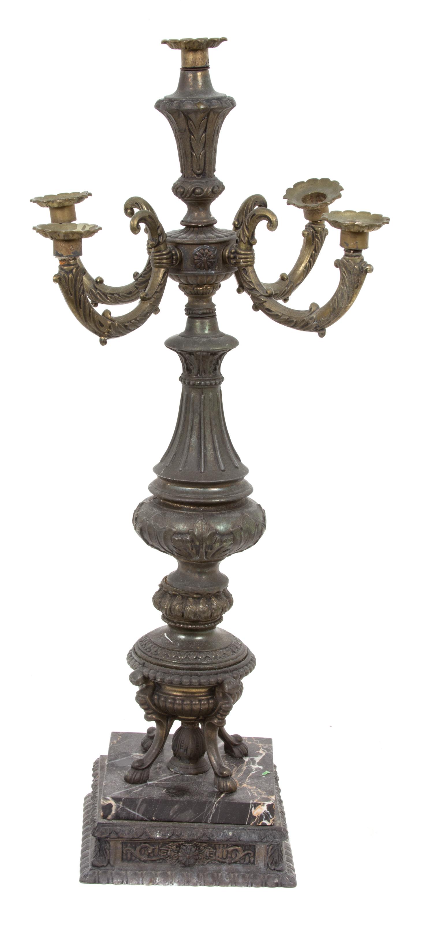 A Louis XV Style Patinated Metal Five-Light Candelabrum Height 28 3/4 inches. — 19TH CENTURY