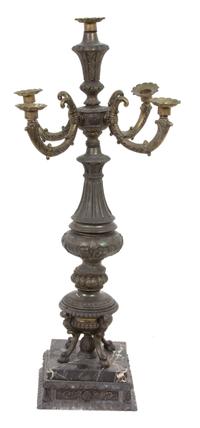A Louis XV Style Patinated Metal Five-Light Candelabrum Height 28 3/4 inches. — 19TH CENTURY