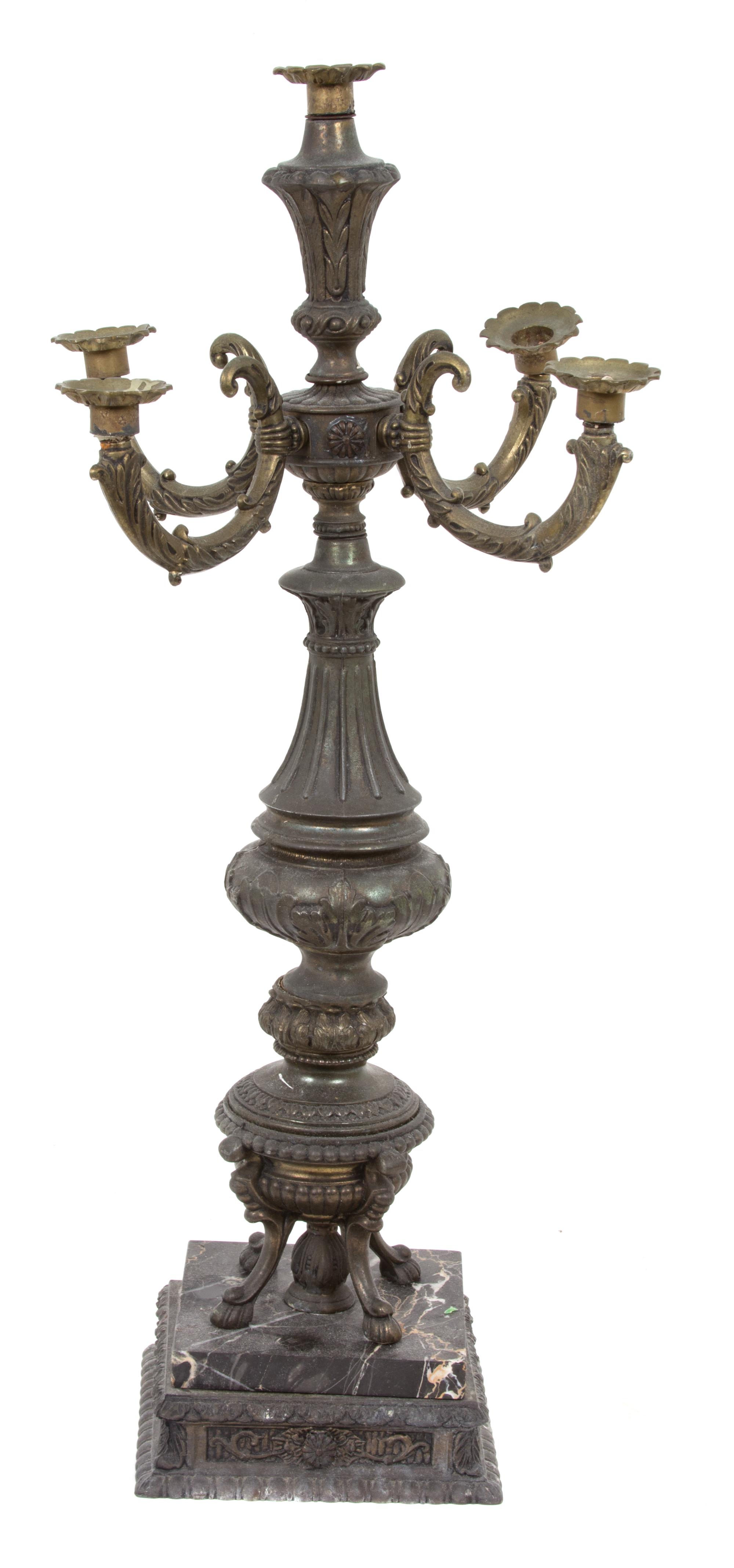 A Louis XV Style Patinated Metal Five-Light Candelabrum Height 28 3/4 inches. — 19TH CENTURY