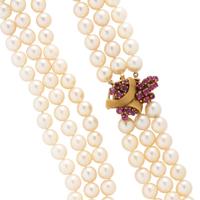 THREE STRAND CULTURED PEARL AND RUBY NECKLACE