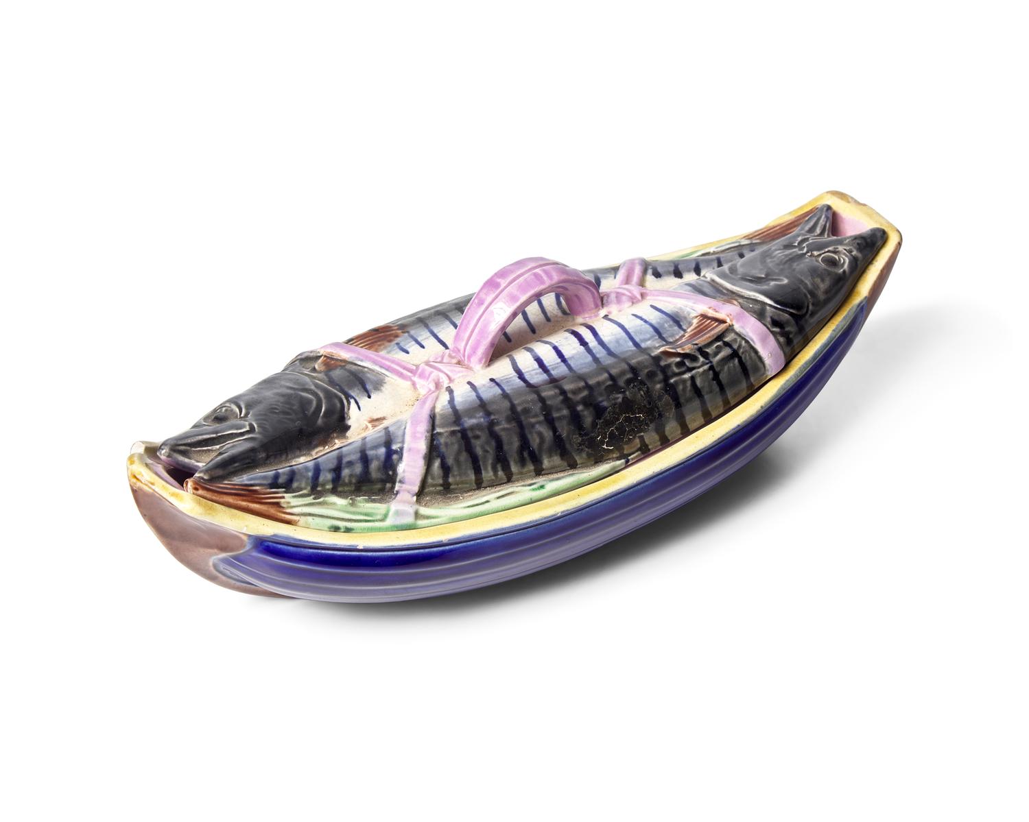 An English Majolica Covered Mackerel Server