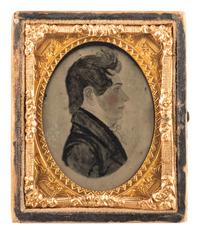 [EARLY PHOTOGRAPHY]. Two cased images of paintings, highlighted by a ninth plate ambrotype of a miniature portrait by Rufus Porter (1792-1884).