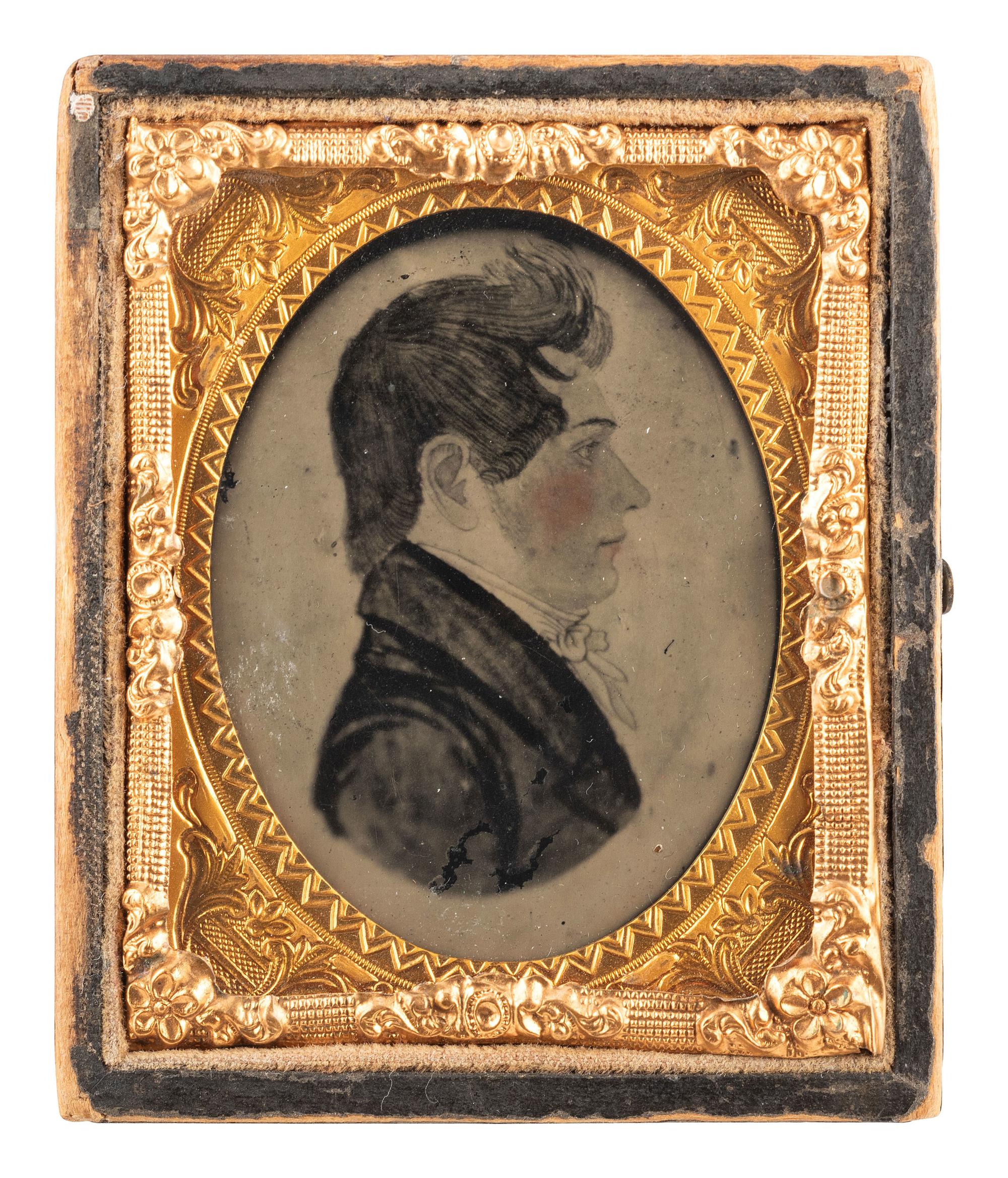 [EARLY PHOTOGRAPHY]. Two cased images of paintings, highlighted by a ninth plate ambrotype of a miniature portrait by Rufus Porter (1792-1884).