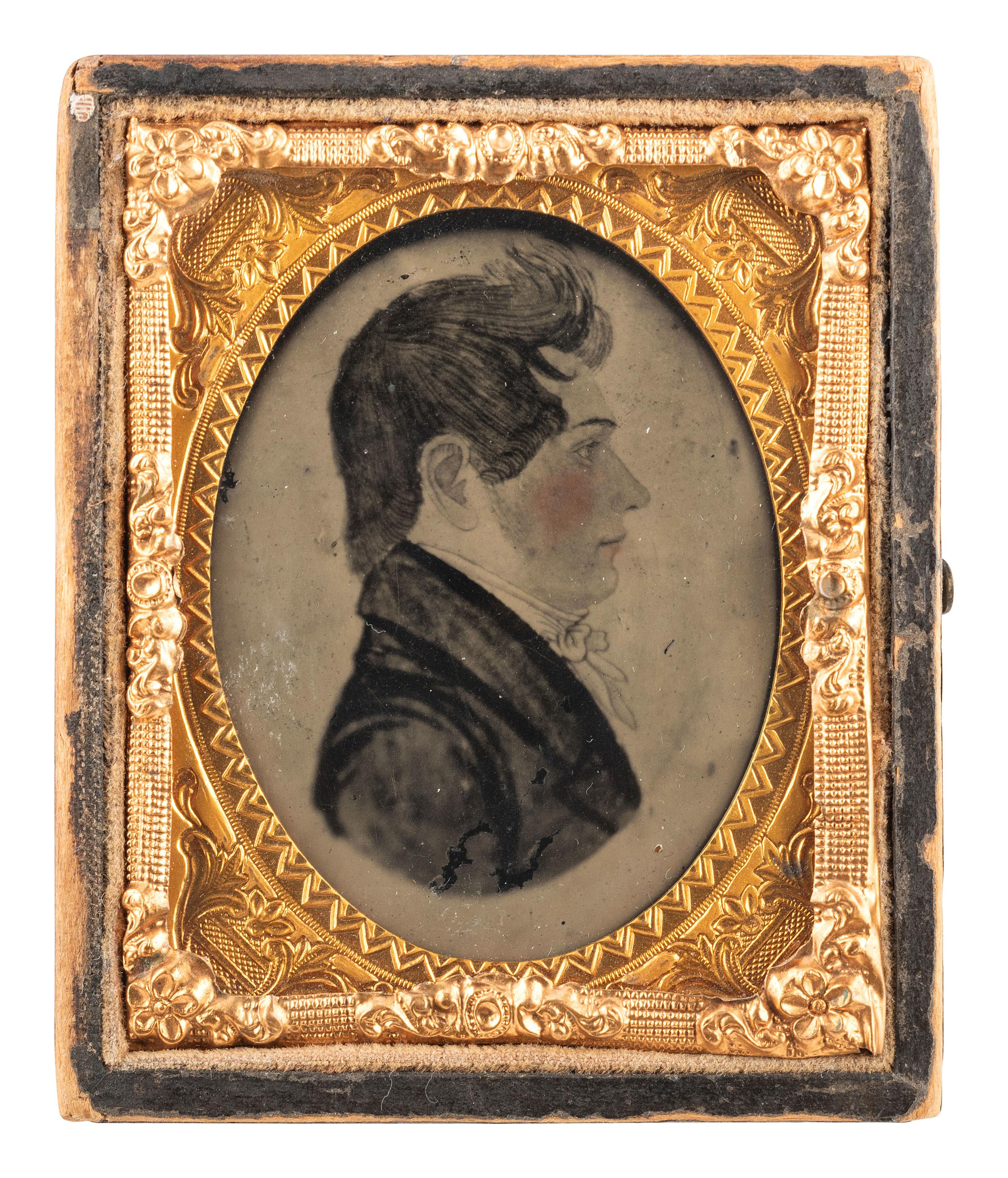 [EARLY PHOTOGRAPHY]. Two cased images of paintings, highlighted by a ninth plate ambrotype of a miniature portrait by Rufus Porter (1792-1884).