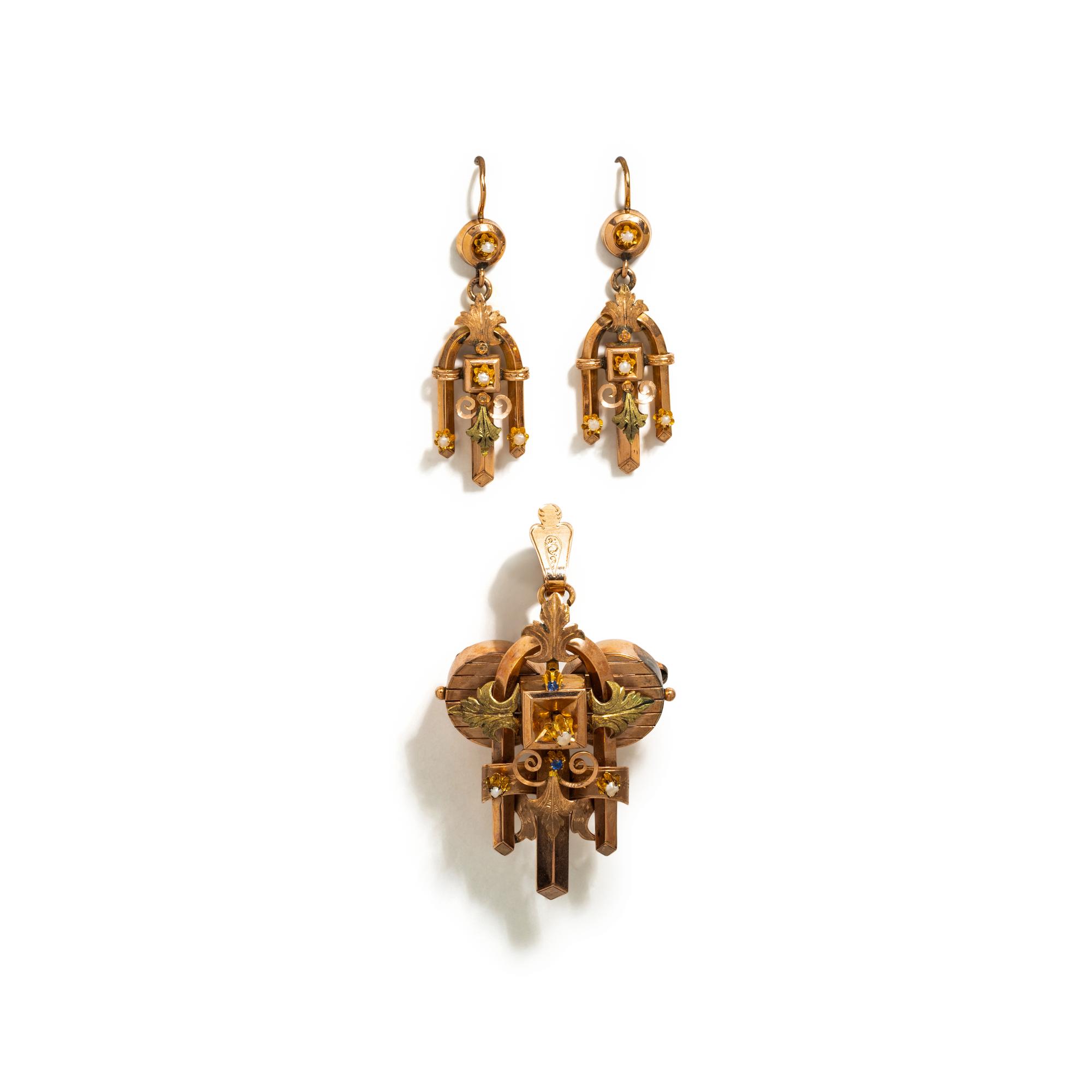 VICTORIAN, BICOLOR GOLD, SEED PEARL AND SAPPHIRE SET