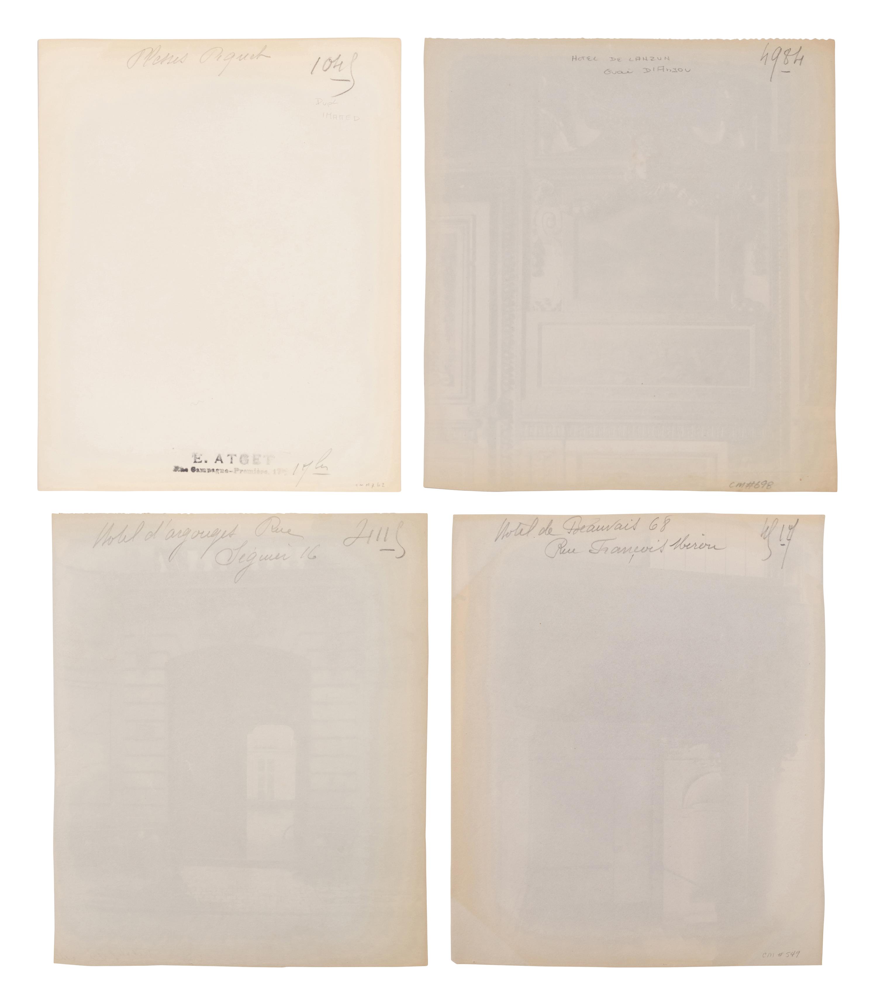 A group of four photographs (Hôtel de Beauvais, 68 rue François Miron , 1902; [Hôtel de Lauzun, quai d'Anjou] , 1905; Hôtel d'Argouges de Lyon, rue Séguier 16 , 1900; Plessis Piquet [Entrée pittoresque, Châtillon] , 1921)