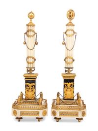 A Pair of Louis XVI Gilt Bronze Mounted Slate and White Marble Obelisks