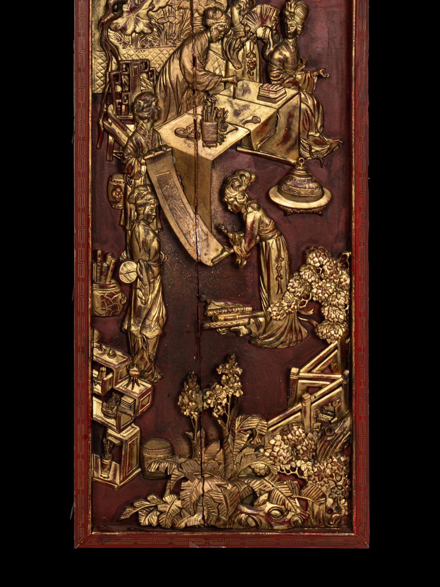 Two Pairs of Chinese Gilt and Red Lacquered Wood Panels