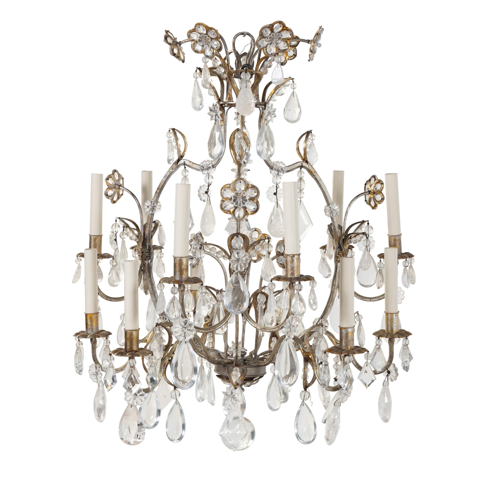 A Silvered and Gilt Metal, Cut Glass and Rock Crystal Twelve-Light Chandelier