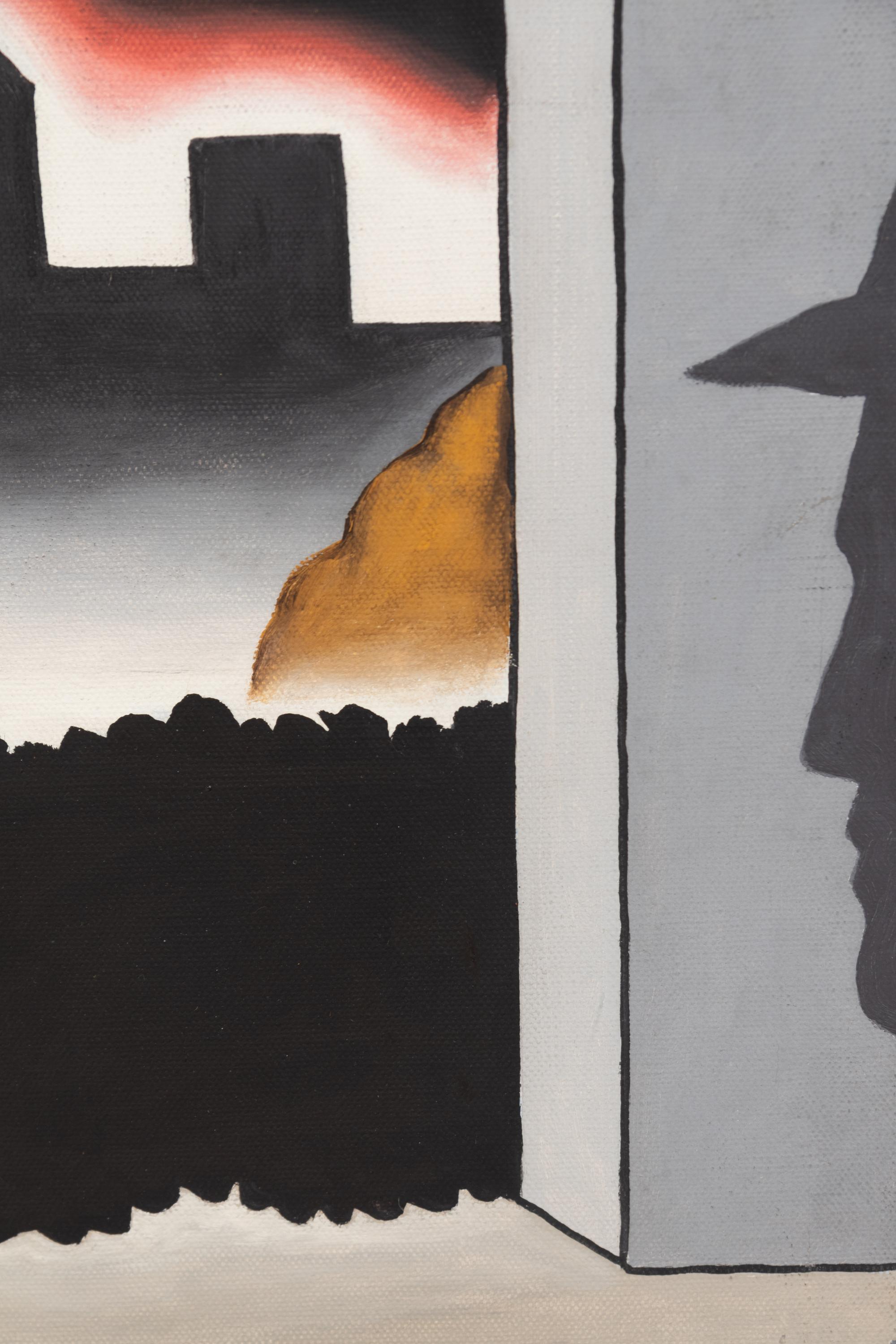 Untitled (Black shrubs, brown rocks, red sky, 2 profiles), c. 1967-68