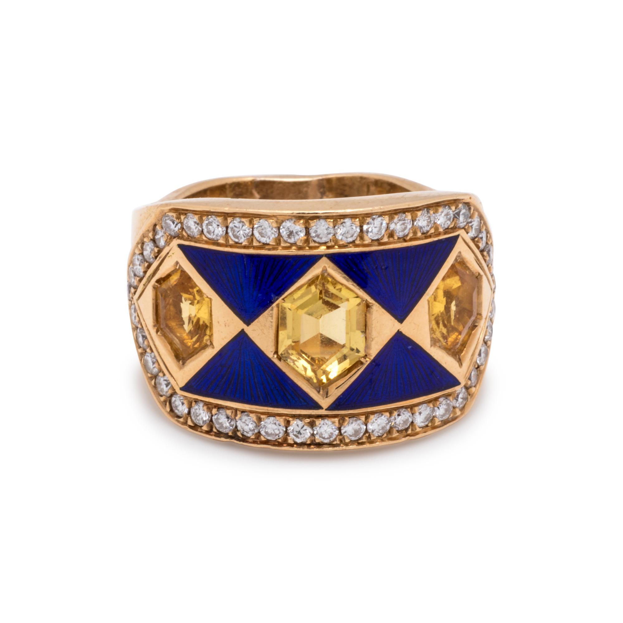 CITRINE, DIAMOND AND ENAMEL RING