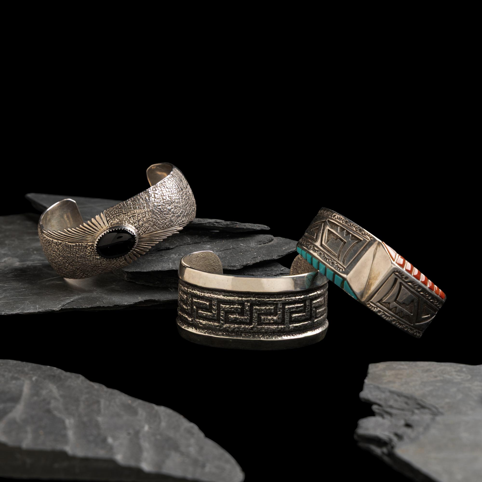 Navajo Silver Cuff Bracelets with Inlay
