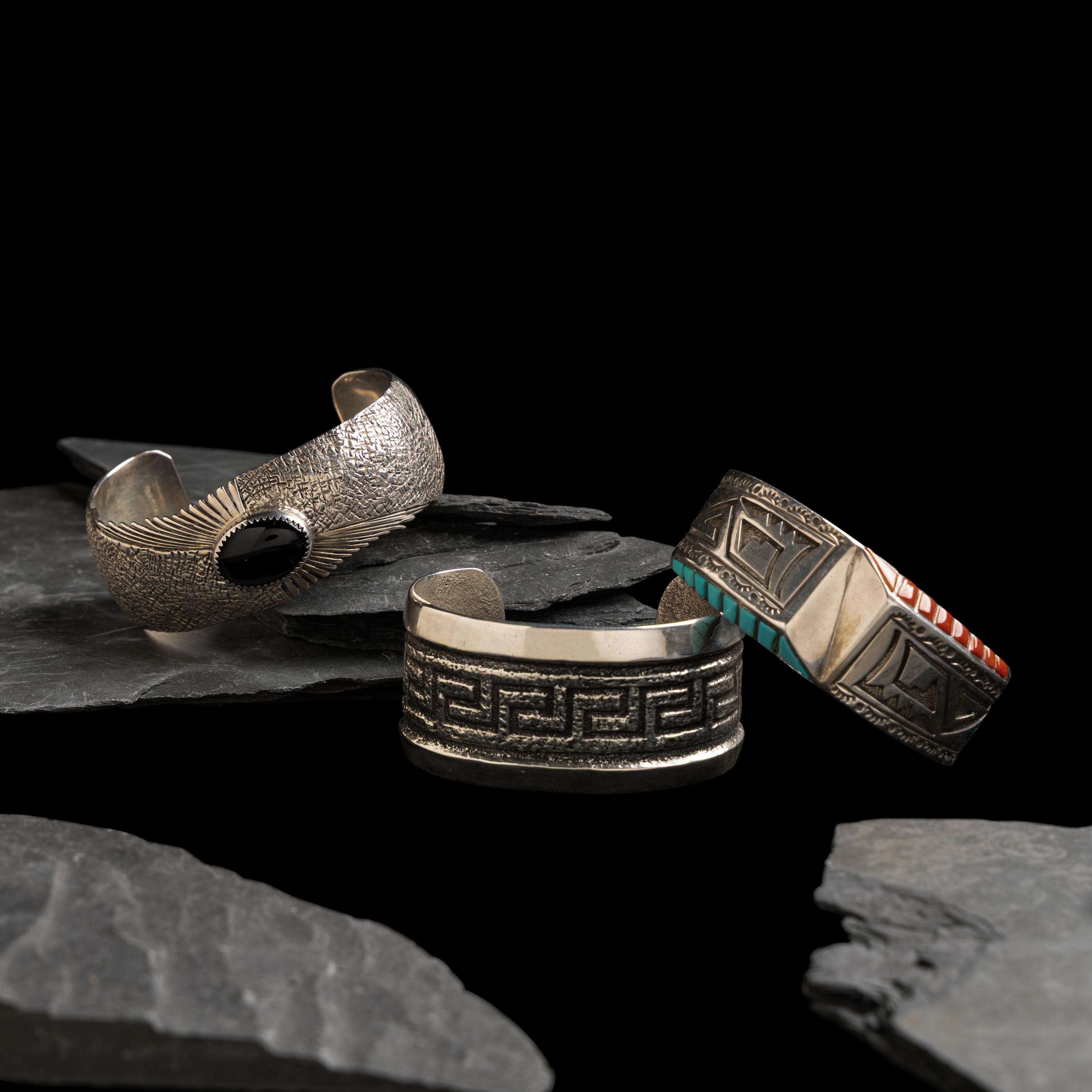 Navajo Silver Cuff Bracelets with Inlay