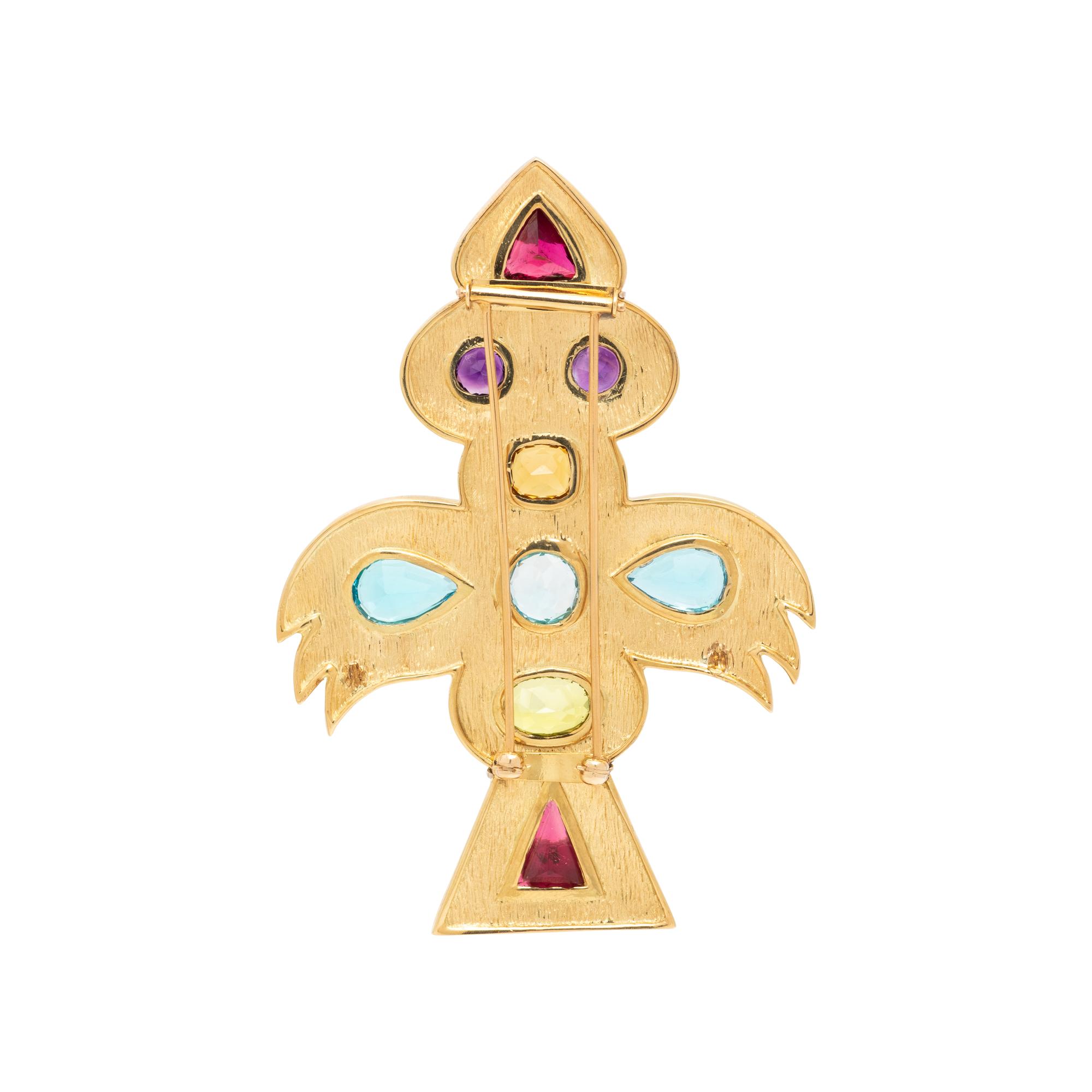 YELLOW GOLD AND MULTIGEM 'THUNDERBIRD' BROOCH