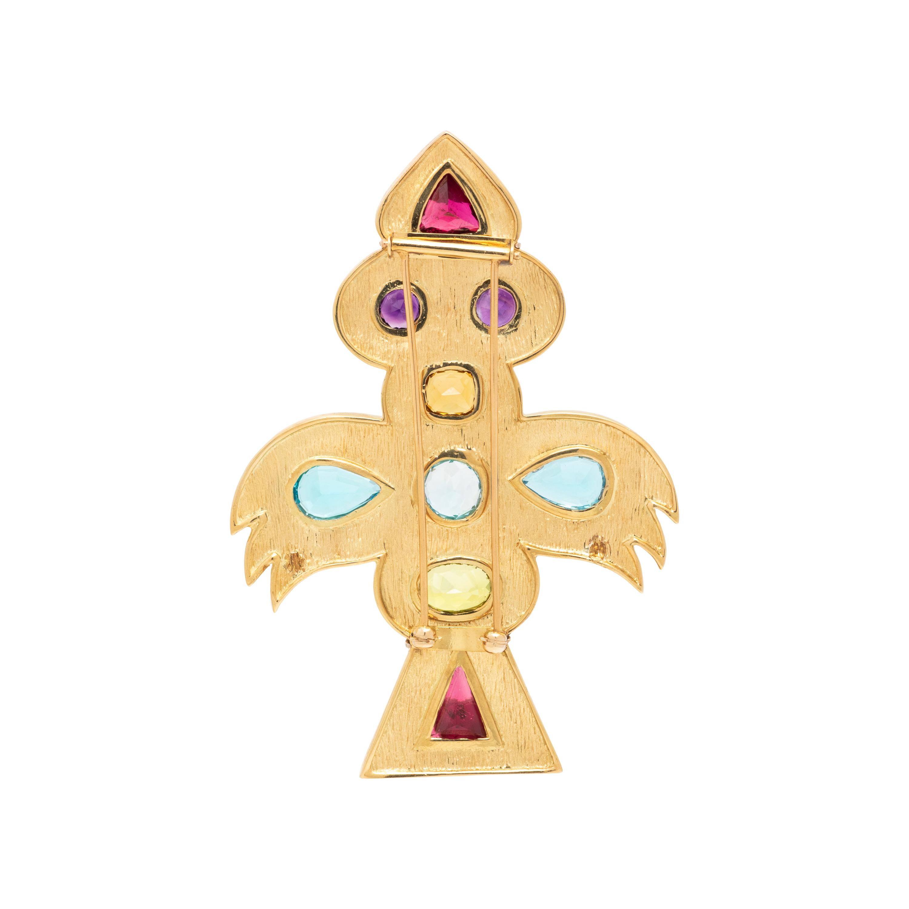 YELLOW GOLD AND MULTIGEM 'THUNDERBIRD' BROOCH