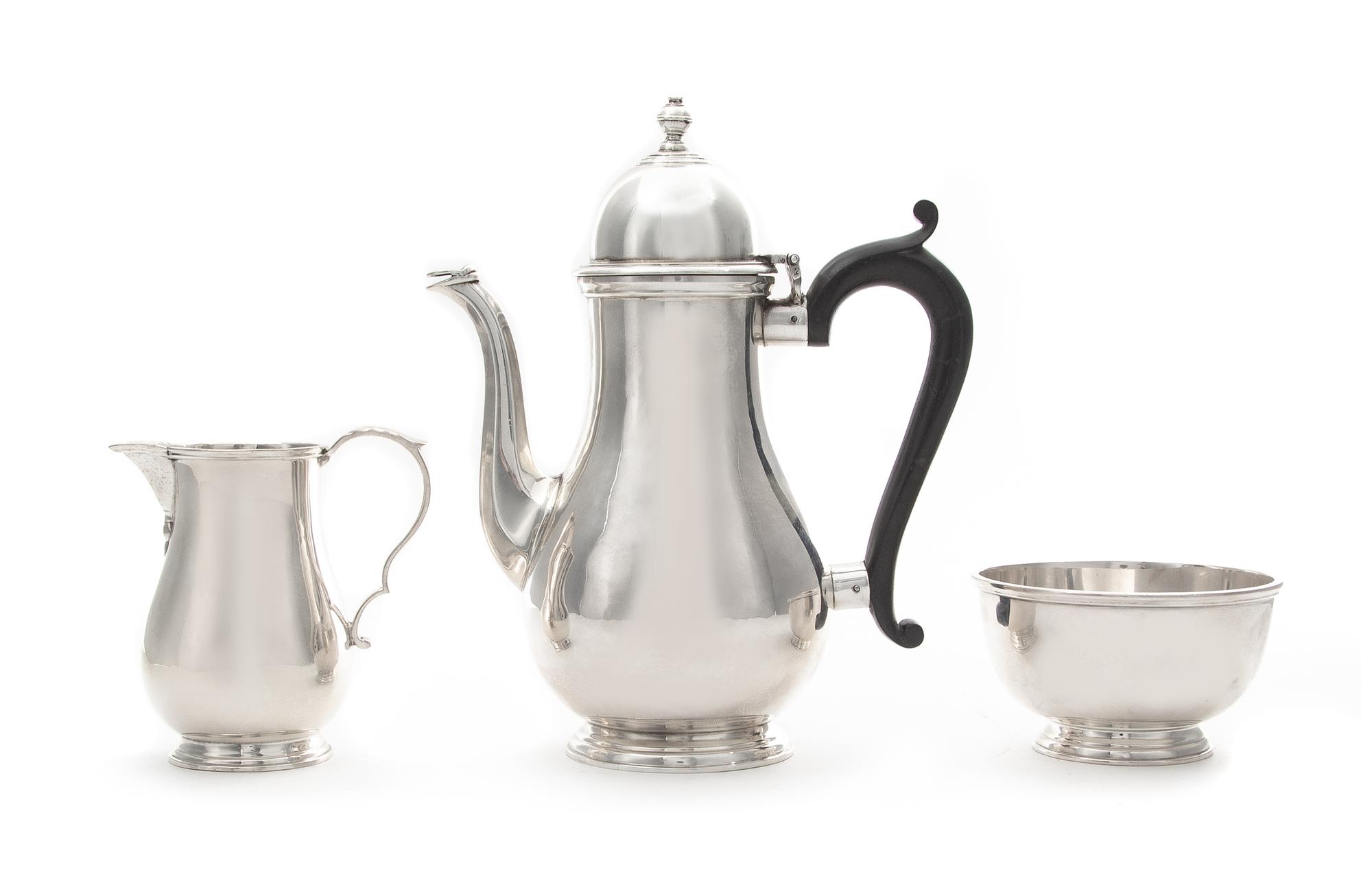 An English Silver Three-Piece Bachelor's Coffee Service, Ellis Jacob Greenberg, London, 1928, Retailed by Tiffany & Co., comprising a c