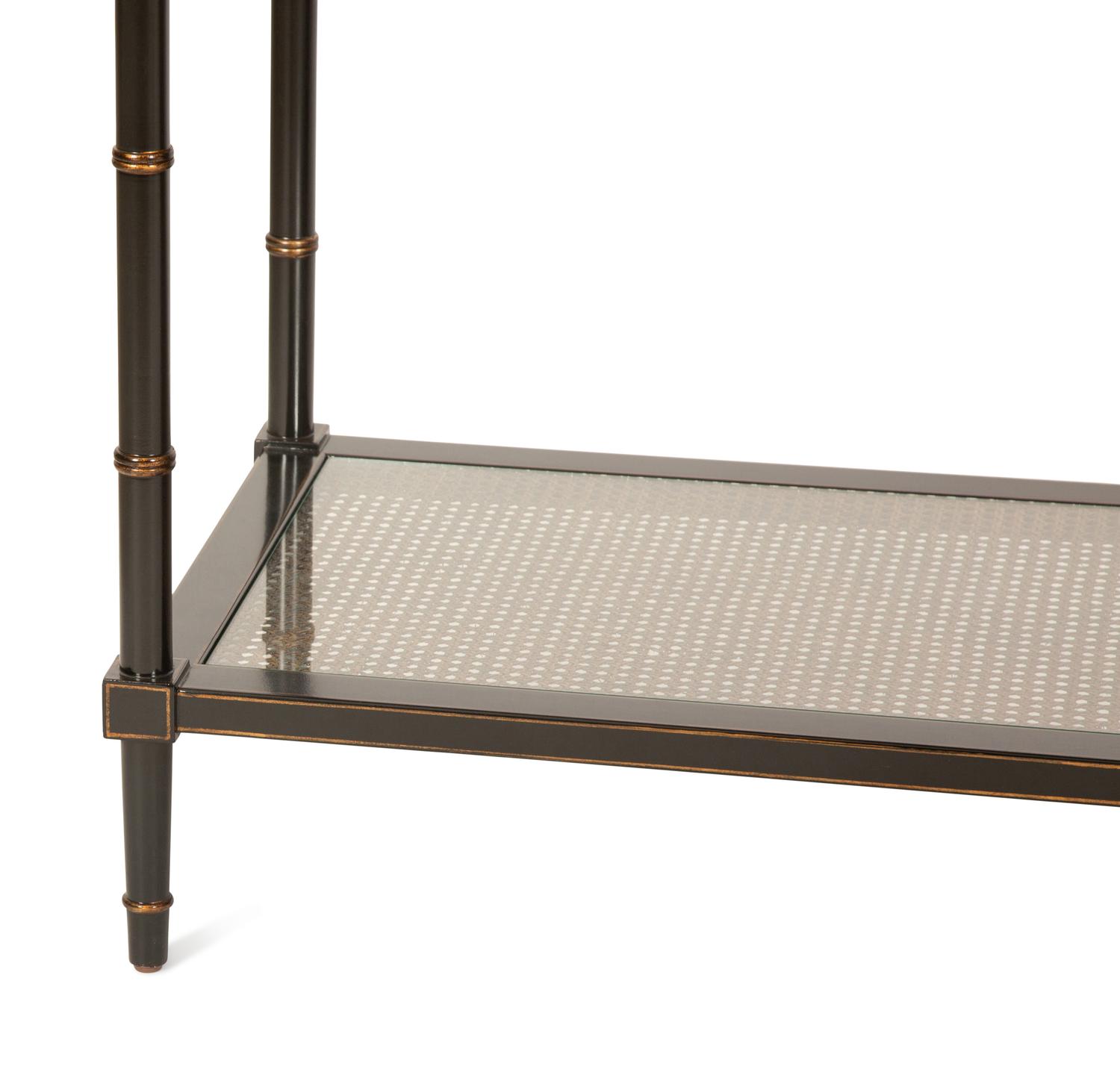 A Pair of Regency Style Ebonized and Gilt Decorated Side Tables