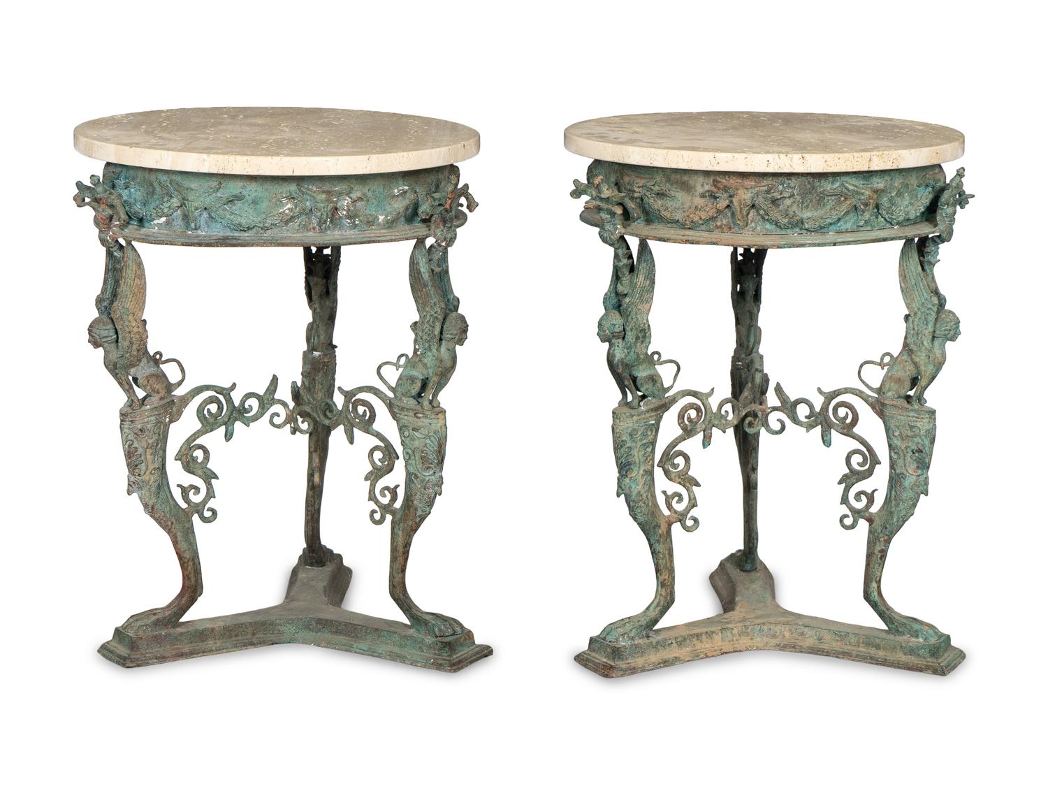 A Pair of Pompeian Temple of Isis Bronze Gueridon Tables with Travertine Tops
