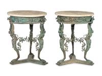 A Pair of Pompeian Temple of Isis Bronze Gueridon Tables with Travertine Tops